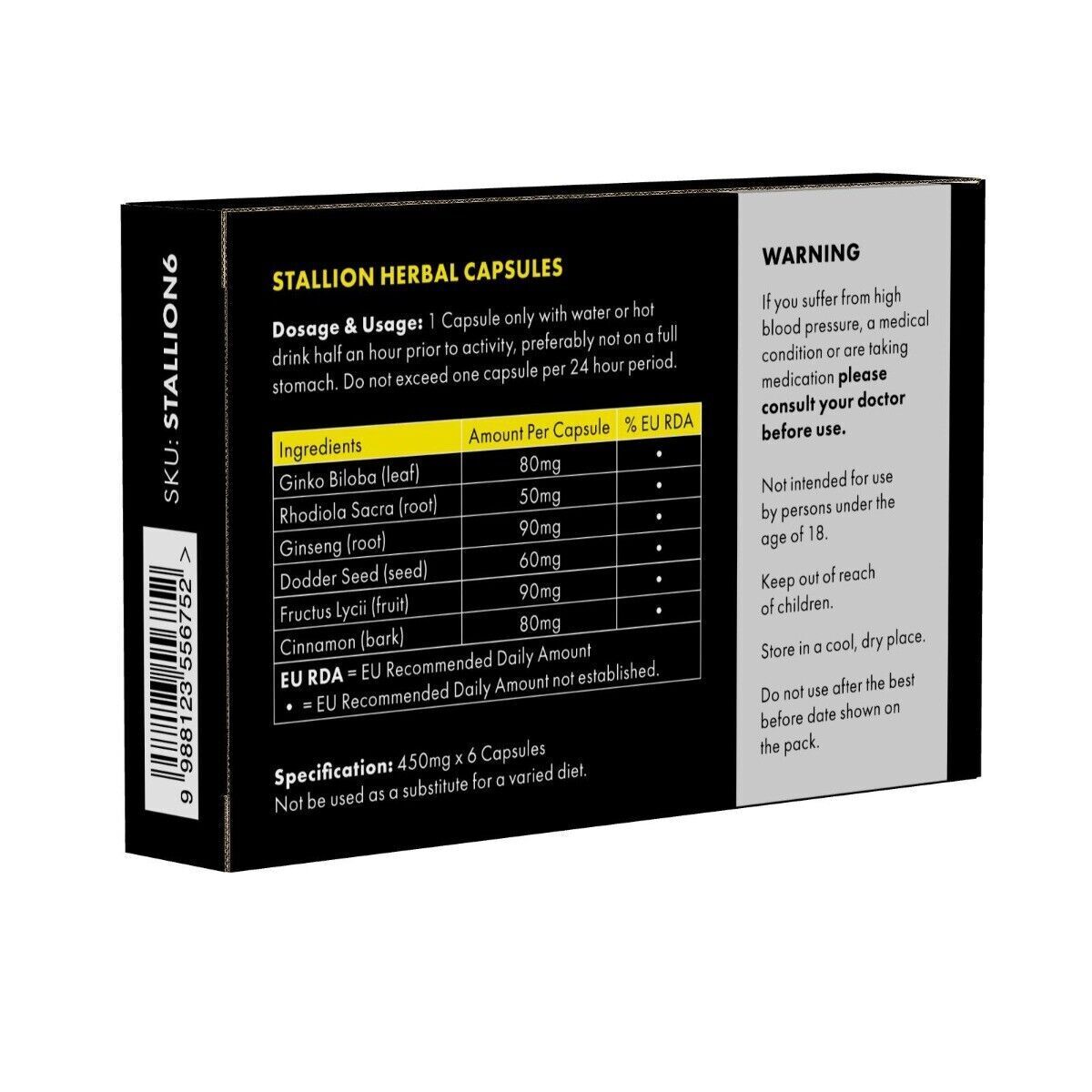 STALLION Supplement/Enhancer For Men / 100% Herbal x6 Capsules/Pills, Erectile Dysfunction, Erection